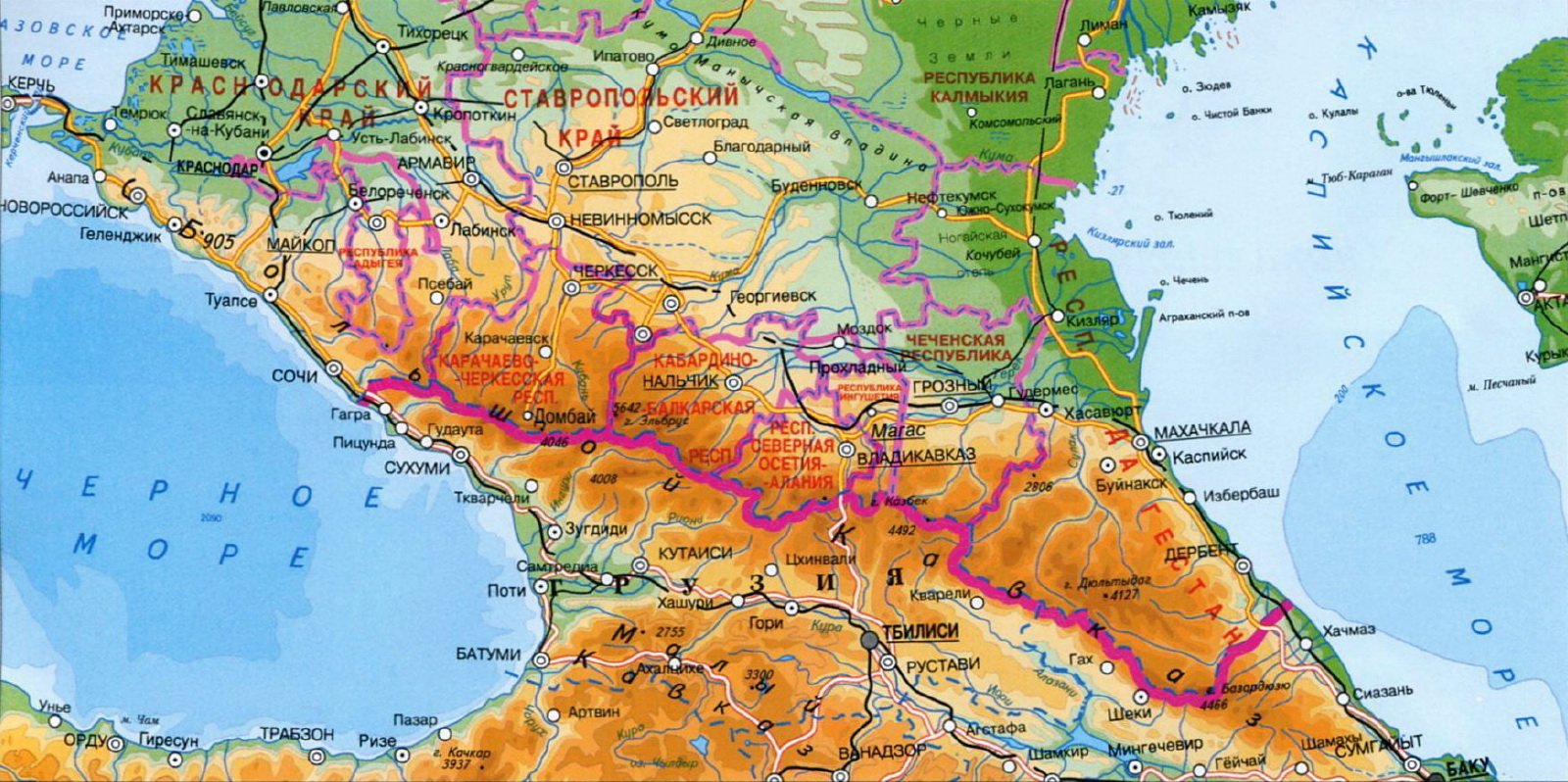 Кавказские горы на карте России географическая карта