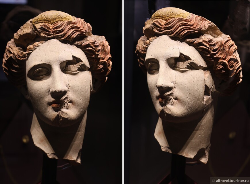 Греческий след в южной Италии: голова женщины («жертва домашнего насилия»:). Полихромная терракота. 4-й век до н.э. Археологический музей в Таранто.