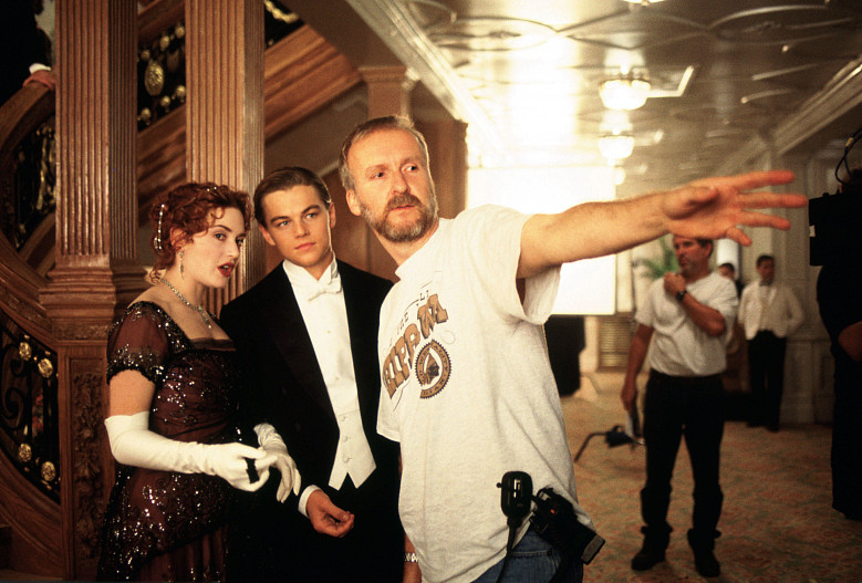 Кейт Уинслет, Леонардо Ди Каприо и Джеймс Кэмерон на съемках Титаника