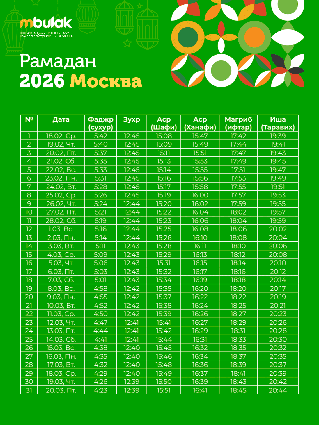 График на Рамадан 2026 в Москве