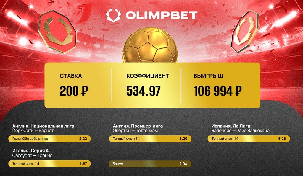 Ставки на счет 1:1 принесли клиенту Olimpbet больше 100 000 рублей - фото